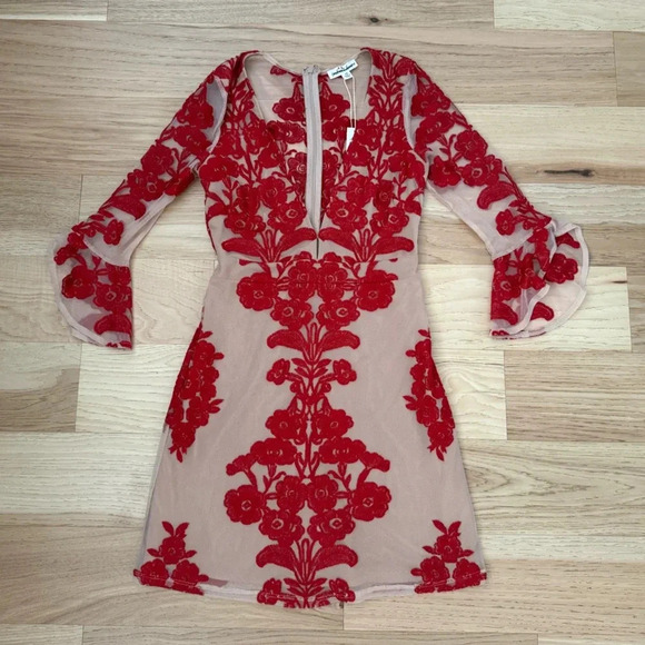 For Love & Lemons Temecula Embroidered Mesh V Neck Mini Dress $248 XS - Picture 3 of 12
